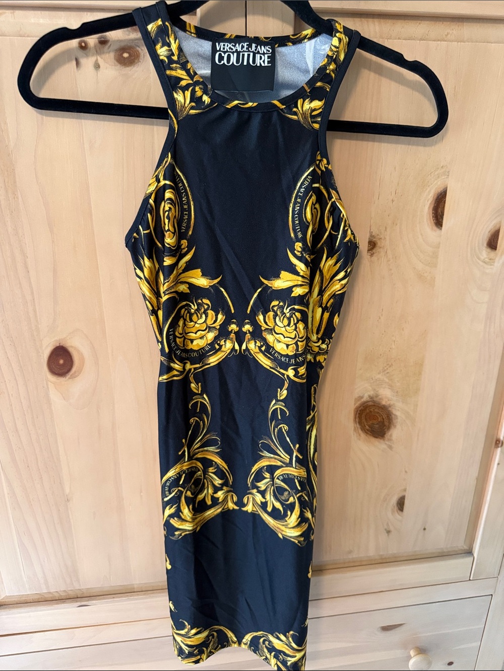 Versace Jeans Couture Black and Gold Baroque Midi Dress